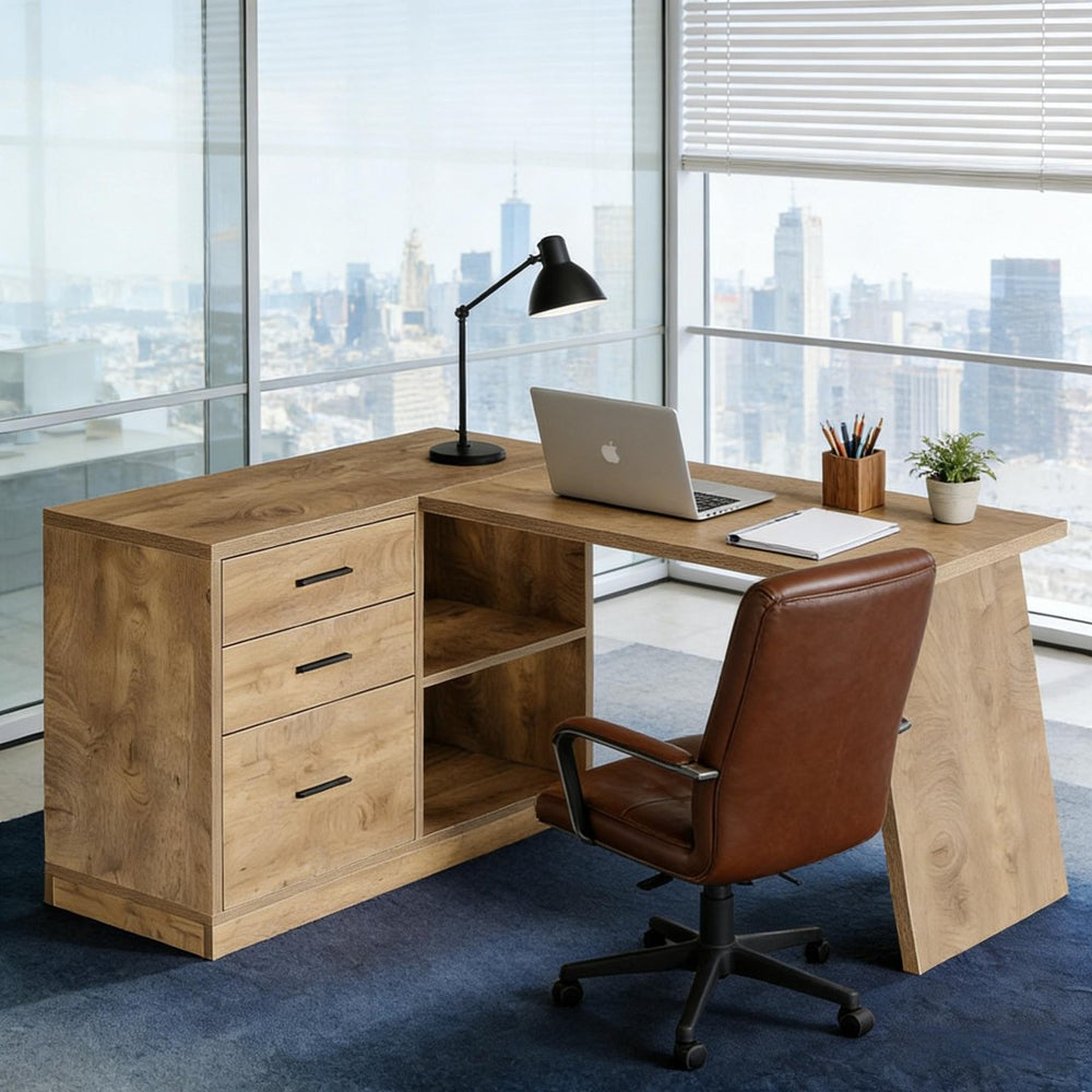 English Elm Office Writing Desk with Hutch Rustic Veneer Top Black Metal Frame Industrial Storage T3971P461055