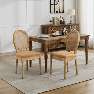 English Elm A&A French Style Dining Chairs Set Of 2 - Antique Wood Frame, Linen Fabric, Rattan Back, Tan Elegance W1143P323325