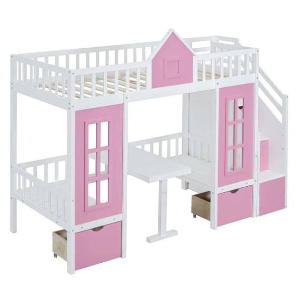 English Elm Twin-over-twin Bunk Bed Convertible Lower Desk Solid Pine Kids Bedroom Space Saver LT000681AAH-1