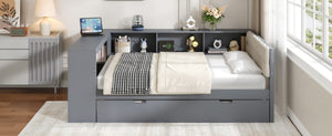 English Elm Wood Twin Platform Bed Linen Headboard Storage Shelves Trundle Charging Station Gray N709P004024E