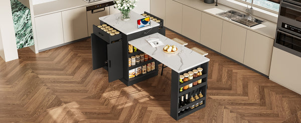 English Elm Extendable Kitchen Island Console with Open Shelving Drawers and Cabinet in Matte Black W1580S00274