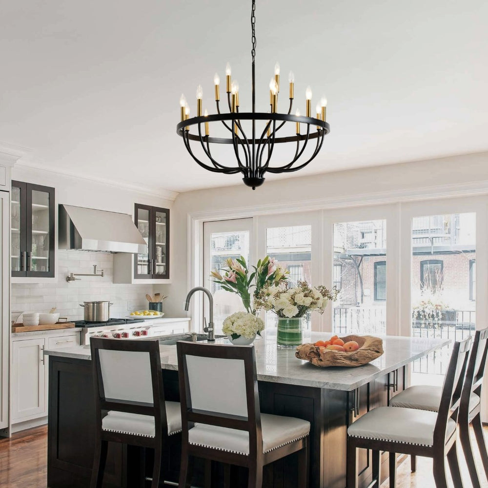 English Elm 15-light Industrial Farmhouse Chandelier Matte Black Iron Gold Candelabra Dining Foyer W5008P479819