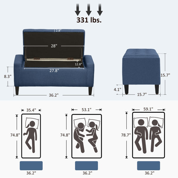 English Elm Upholstered Storage Bench with Lift Top Linen Fabric Seat and Rubberwood Legs T3971P416422