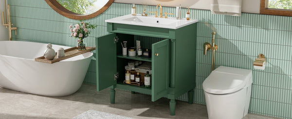 English Elm 30" French Style Bathroom Vanity with Ceramic Basin Soft Close Doors Wood Legs Green N710P415327F