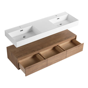 English Elm 60 Inch Wall-Mounted Modern Bathroom Vanity With Dual Resin Sinks, Soft Close Drawers & Chic Design W999S00356