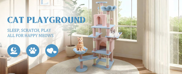 English Elm 71 Inch Floral Cat Tower with Condo Hammock Sisal Posts and Plush Perches for Large Breeds Blue W243P326628