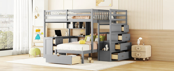 English Elm Full Over Twin Bunk Bed with Staircase Drawers Desk and Shelves in Gray Gray LT001605AAE-1