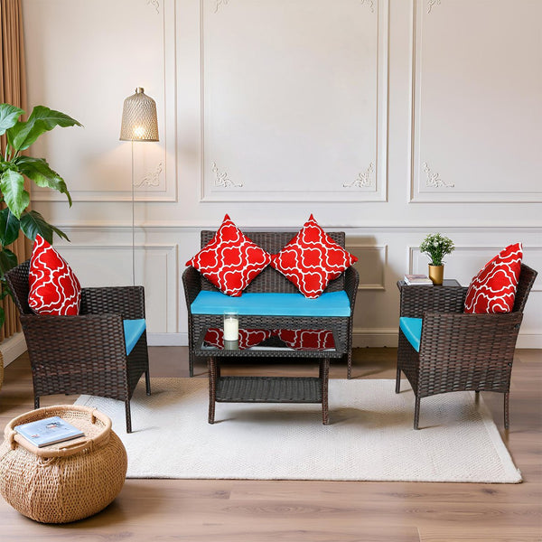 English Elm Four-Piece Pe Rattan Outdoor Furniture Set With Sapphire Blue Cushions & Glass-Top Table - Stylish Comfort For Patios And Gardens W3152P269436