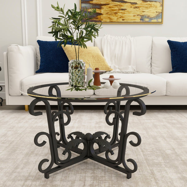 English Elm 3 Piece Tempered Glass Surface Coffee Table Set – Rustic Black 3-tier Round Nesting Tables, Sturdy Stylish Living Room Decor (98) W2167P231401