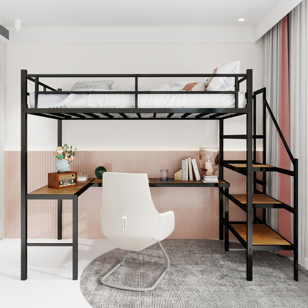 English Elm Loft Bed with L-shaped Desk Stair Storage and Full Guardrail Iron Frame Black W1935S00007