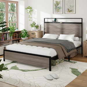 English Elm Bed Frame Full Size: Industrial-Style Wooden Platform With Led Headboard, Usb Charging & Storage W636P294910