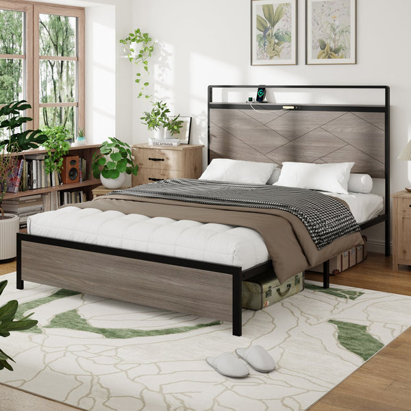 English Elm Bed Frame Full Size: Industrial-Style Wooden Platform With Led Headboard, Usb Charging & Storage W636P294910