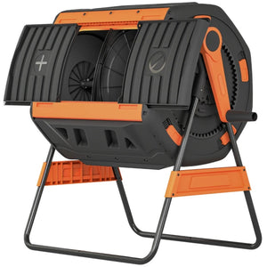 English Elm Dual Chamber Tumbling Composter with 53 Gallon Rotating Drums on Powder Coated Stand Black+Orange T3971P467360