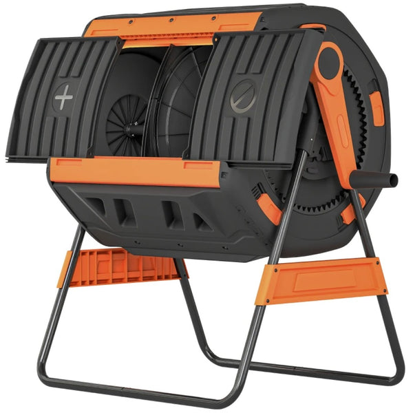 English Elm Dual Chamber Tumbling Composter with 53 Gallon Rotating Drums on Powder Coated Stand Black+Orange T3971P467360