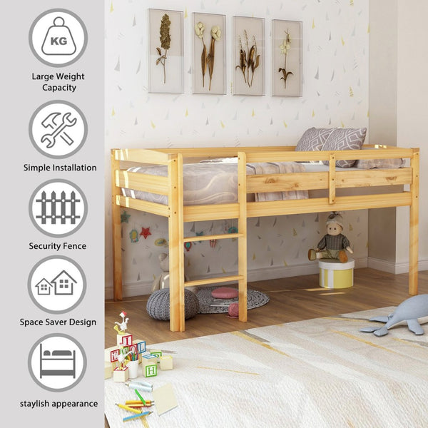 English Elm Twin Low Loft Bed Solid Pine Frame with Walnut Finish and Open Floor Space Below N708P340482D