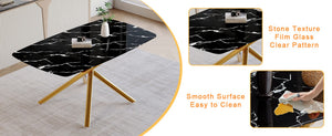 English Elm Table and Chair Set Marble Glass Top with Sculptural Gold Legs Six Seat Glam Dining Black+Gold,Dark Gray W1151S03297