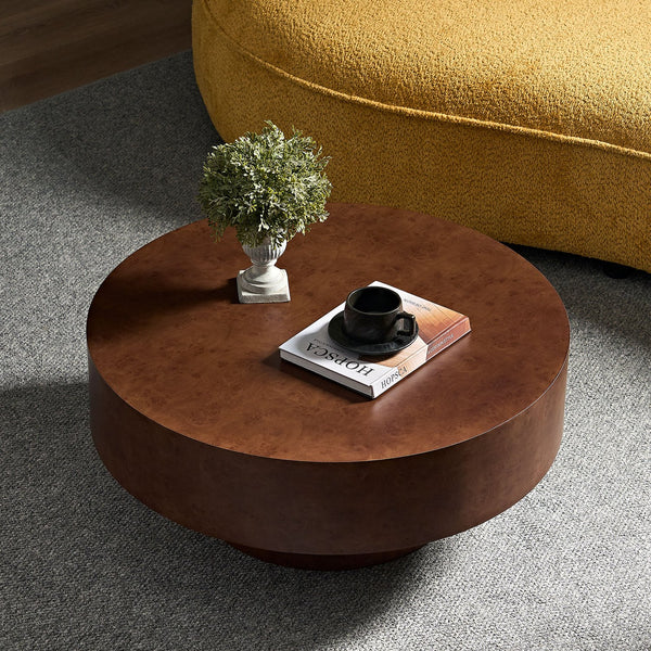 English Elm 31.49''Faux Burl Veneer Coffee Table — 31.49" Round Walnut Pedestal, Mid-Century Modern, Stable Small Space Answer W876P362403