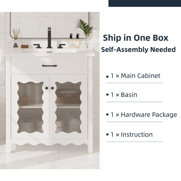 English Elm Christopher Knight Home® - 30 Inches Bathroom Vanity With Tempered Glass Doors, Space-Saving Design, White Rubber Wood Style N817P299499W