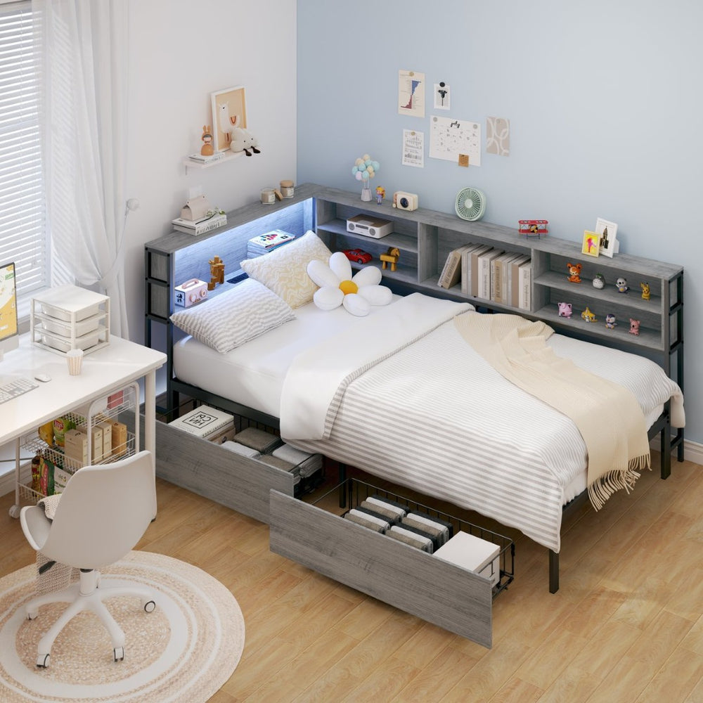 English Elm Twin Corner Daybed with Bookcase Headboard Led Lighting and Usb Charging Ports W3107P396518