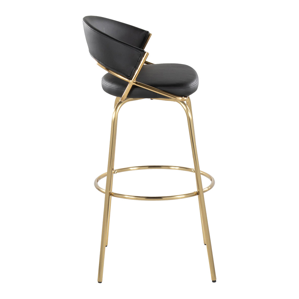 English Elm Jie Gold Metal 30" Barstool Set of 2 — Contemporary Black Faux Leather Swivel, Round Footrest, 250 lb B202S00606