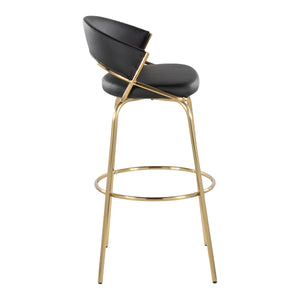 English Elm Jie Gold Metal 30" Barstool Set of 2 — Contemporary Black Faux Leather Swivel, Round Footrest, 250 lb B202S00606