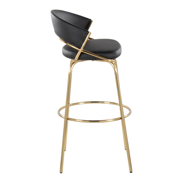 English Elm Jie Gold Metal 30" Barstool Set of 2 — Contemporary Black Faux Leather Swivel, Round Footrest, 250 lb B202S00606