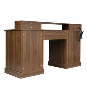 English Elm 59" Fluted Oak L-shaped Corner Desk with Charging Station Monitor Stand and File Storage Dark Walnut W2917S00007