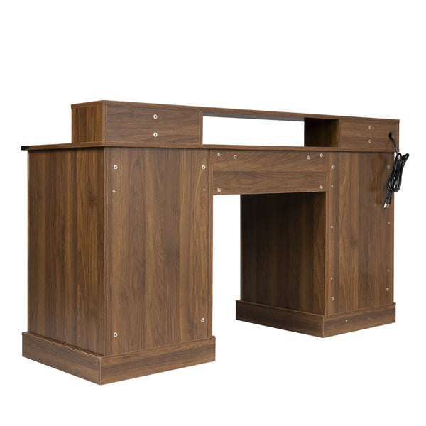 English Elm 59" Fluted Oak L-shaped Corner Desk with Charging Station Monitor Stand and File Storage Dark Walnut W2917S00007