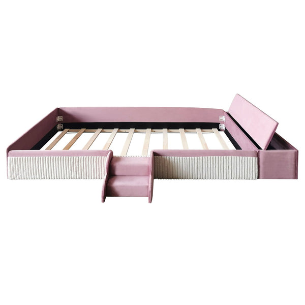 English Elm Twin Velvet Kids Daybed with Built-in Stairs Padded Guardrails and Gas Lift Storage Pink+White SF000201AAH