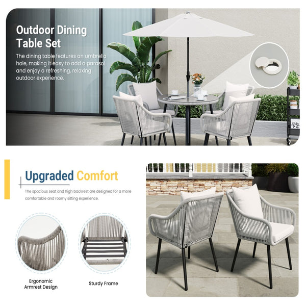 English Elm 5-piece Outdoor Wicker Patio Dining Set with Tempered Glass Table and Umbrella Hole Light Gray B082S00065