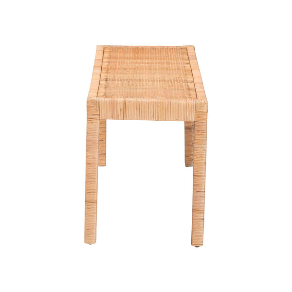 English Elm Modern Mahogany Rattan Woven Entryway Bench with Foam Padded Upholstered Seat B2750P467656