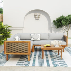 English Elm Christopher Knight Home® - SECTIONAL Modern Outdoor Seating Group with Waterproof Cushions, Acacia Wood Frame and Wicker Elegance Brown Mix,Light Gray,Teak N770P278610L_N770P278612L