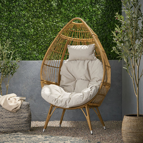 English Elm Christopher Knight Home® - SERINA Teardrop Wicker Outdoor Chair with Water-Resistant Beige Cushion, Light Brown Faux Rattan, Sturdy Iron Frame 69367.00LBRN