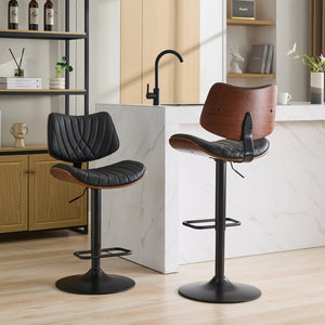 English Elm Walnut Mid-Century Bentwood Swivel Bar Stool with Ergonomic Faux Leather Seat and Wide Stable Base Black PU W1143P173514