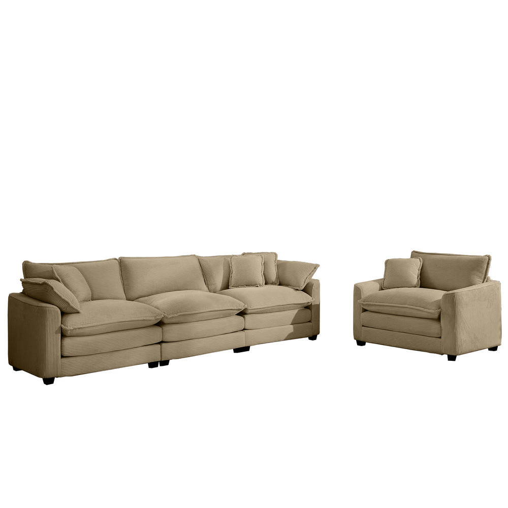 English Elm Mid-Century Modern Sectional Set - 3-Seater & Single Seater With Pillows For Cozy Living Spaces W714S00796