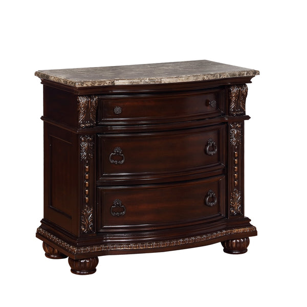English Elm 1Pc Marble Top Nightstand With Curved Silhouette & 3 Drawers - Elegant Solid Wood Bedroom Storage B2741P366082