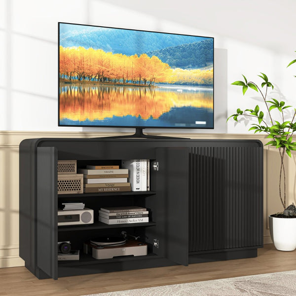English Elm Black Fluted Wave Door Media Console with Built-in Power Outlet and Adjustable Shelving Black W409P452057
