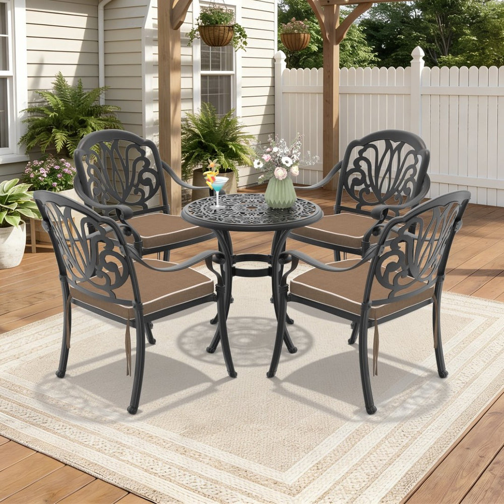 English Elm 5-piece Cast Aluminum Outdoor Dining Set Ornate Carved Frame with Cushioned Chairs W1710S00536