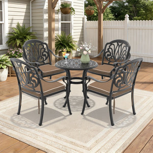 English Elm 5-piece Cast Aluminum Outdoor Dining Set Ornate Carved Frame with Cushioned Chairs W1710S00536