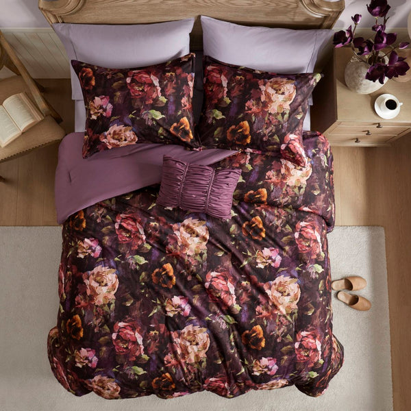 English Elm 4-piece King Velvet Floral Comforter Set with Ruched Pillow for Romantic Bedrooms B035P463194