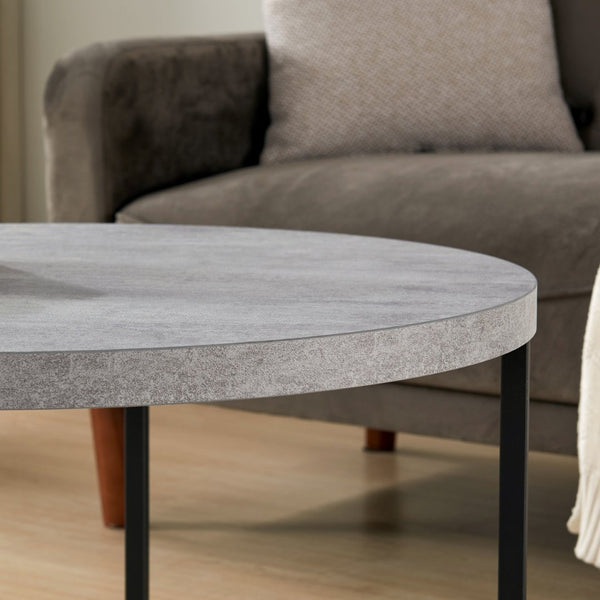 English Elm 31.5" Round Oak Finish Coffee Table Matte Black Steel Base for Modern Living Rooms Gray W3151P352762