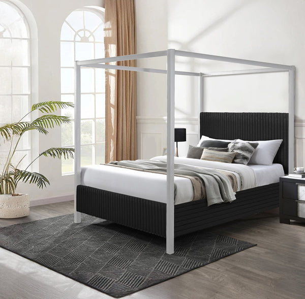 English Elm 1pc Modern Queen LED Faux Leather Upholstery Panel Bed with Tufted Headboard, Textured Footboard Glam Finish Black 79.5 L x 43.5 W x 3 H B2741S00539