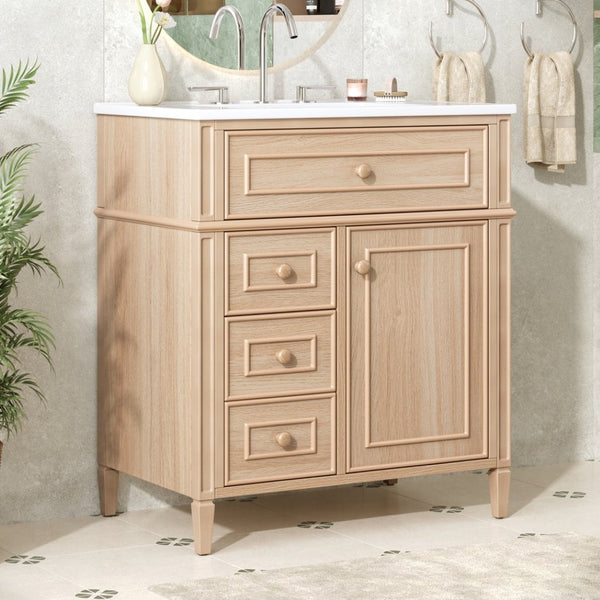 English Elm "30'' 30 Inch Freestanding Bathroom Vanity Solid Pine Cabinet Ceramic Sink Soft Close Storage N725P375498T