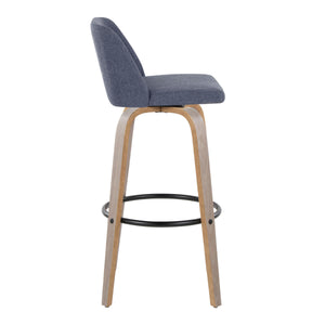 English Elm Toriano 30" Contemporary Barstool Set of 2 — Swivel Padded Blue Fabric, Bent Wood Legs & Footrest B202S00657