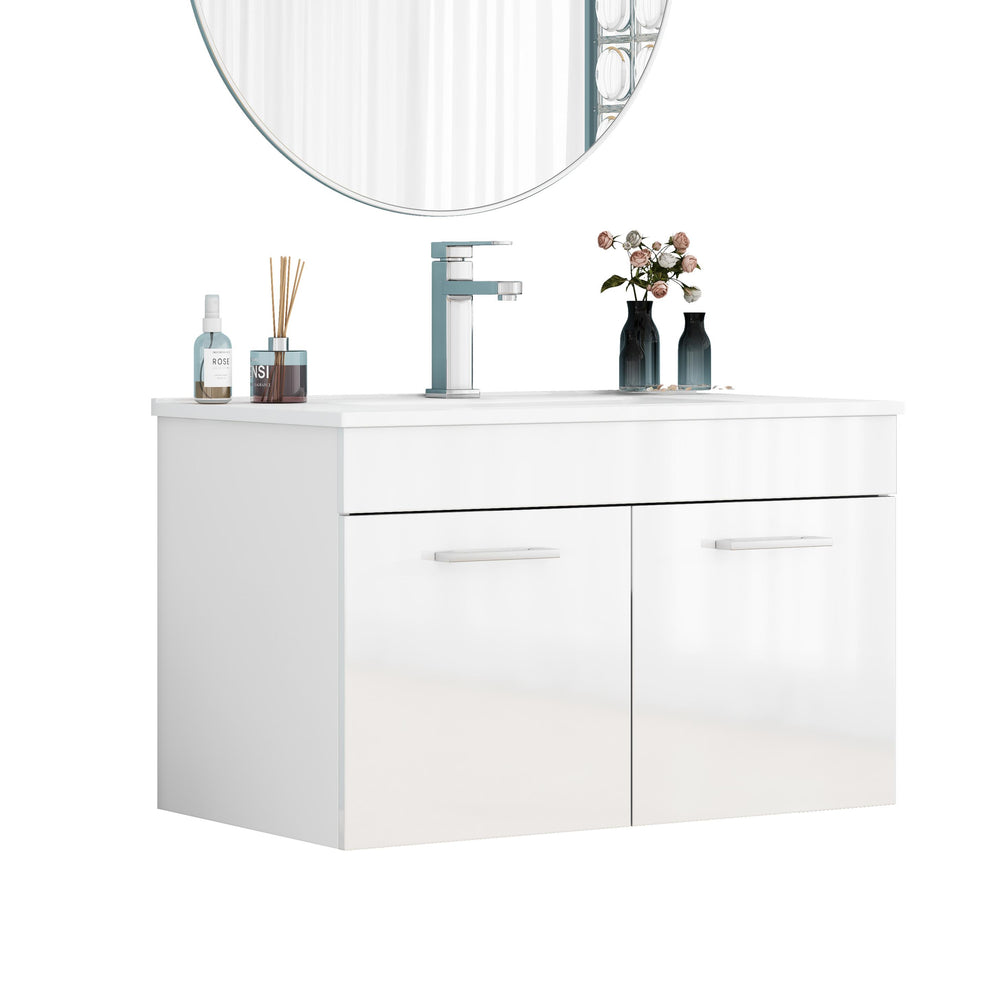 English Elm 32-Inch Wall-Mounted Bathroom Vanity With Ceramic Sink, Soft-Close Doors & Modern Glossy Finish W3151S00026