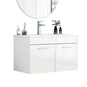 English Elm 32-Inch Wall-Mounted Bathroom Vanity With Ceramic Sink, Soft-Close Doors & Modern Glossy Finish W3151S00026