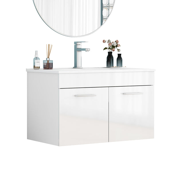 English Elm 32-Inch Wall-Mounted Bathroom Vanity With Ceramic Sink, Soft-Close Doors & Modern Glossy Finish W3151S00026