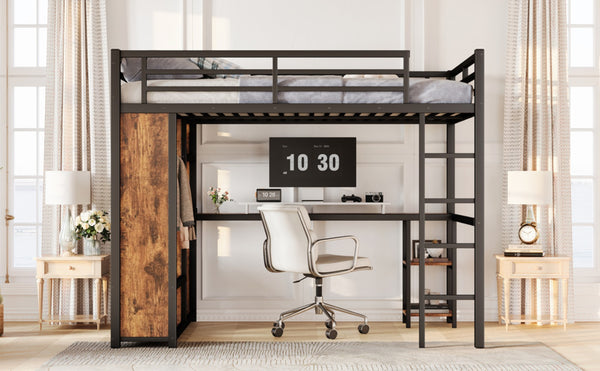 English Elm Queen Size Loft Bed Frame With Integrated Wardrobe, Desk & Storage Shelves For Space-Saving Style W1580S00178-GIGA