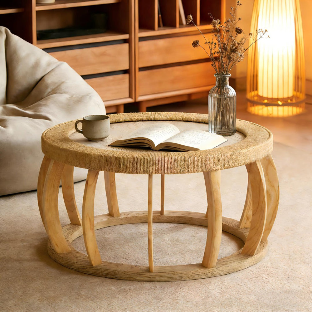 English Elm 35.43"vintage Woven Rattan Round Coffee Table Curved Wood Legs Boho Living Room W757P383547