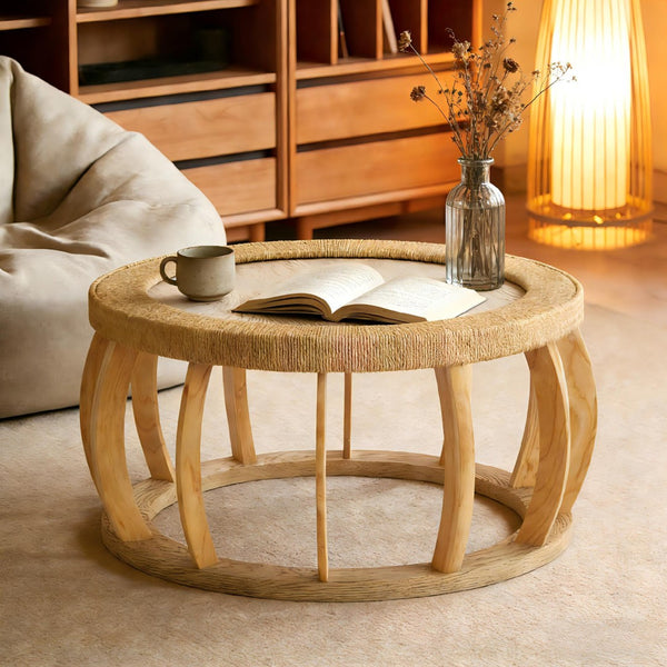 English Elm 35.43"vintage Woven Rattan Round Coffee Table Curved Wood Legs Boho Living Room W757P383547